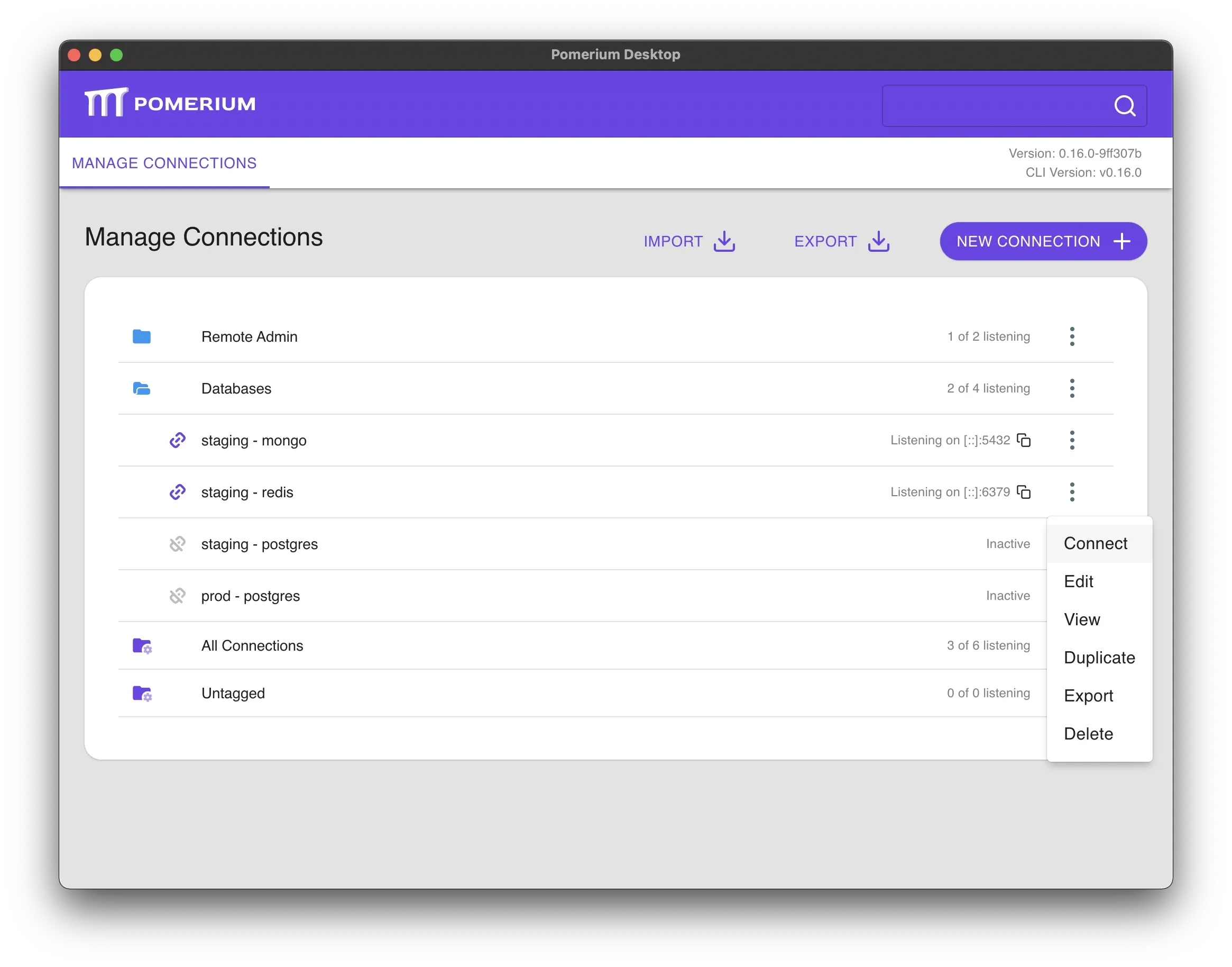 GUI for managing connections