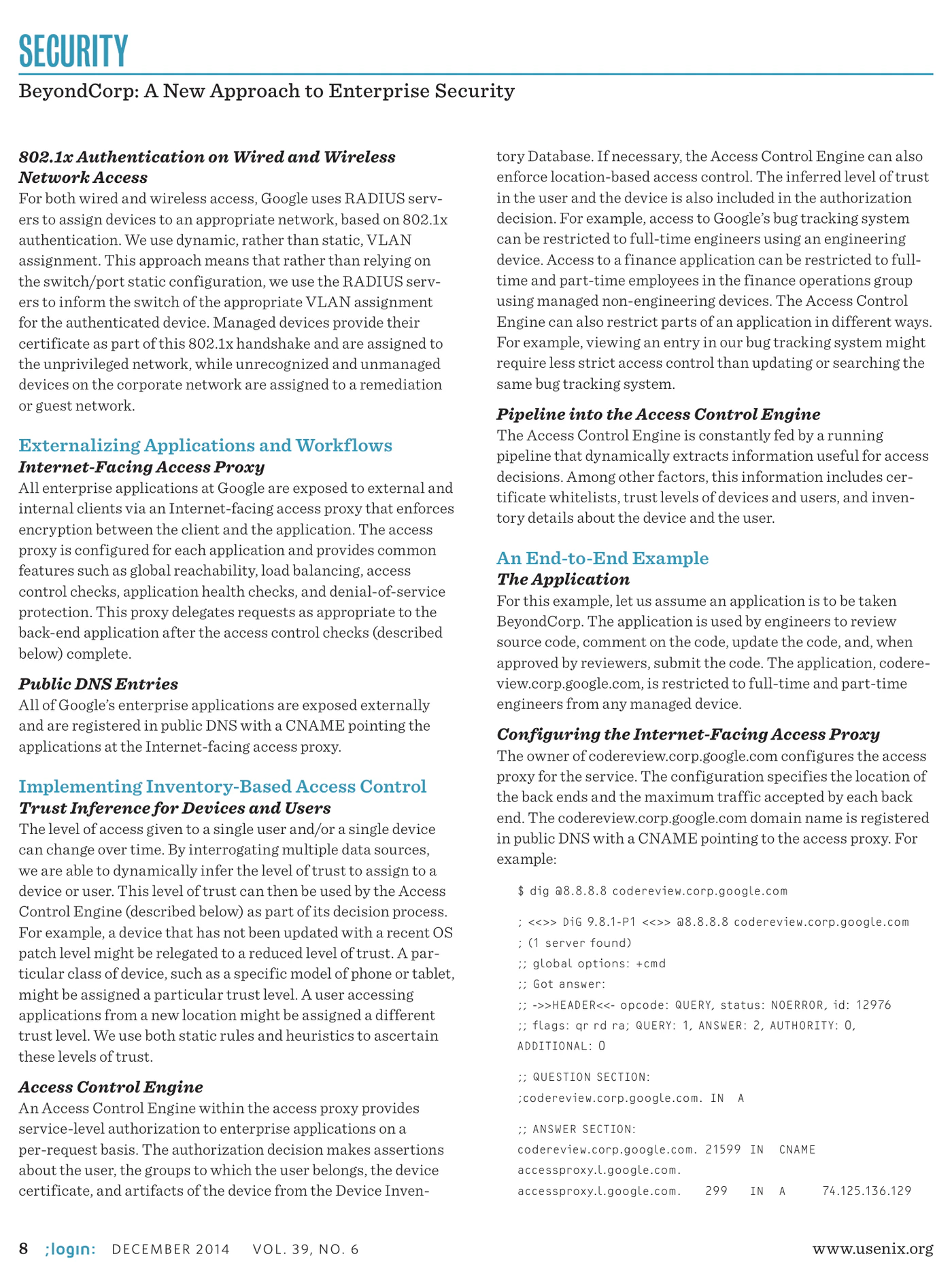 BeyondCorp paper excerpt about service-level authorization