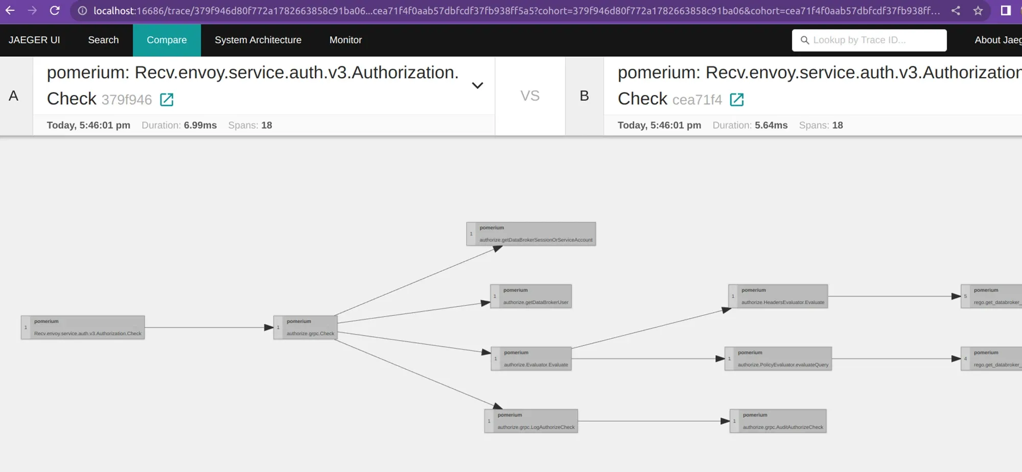 Trace example showing a request going through the Pomerium authorization flow