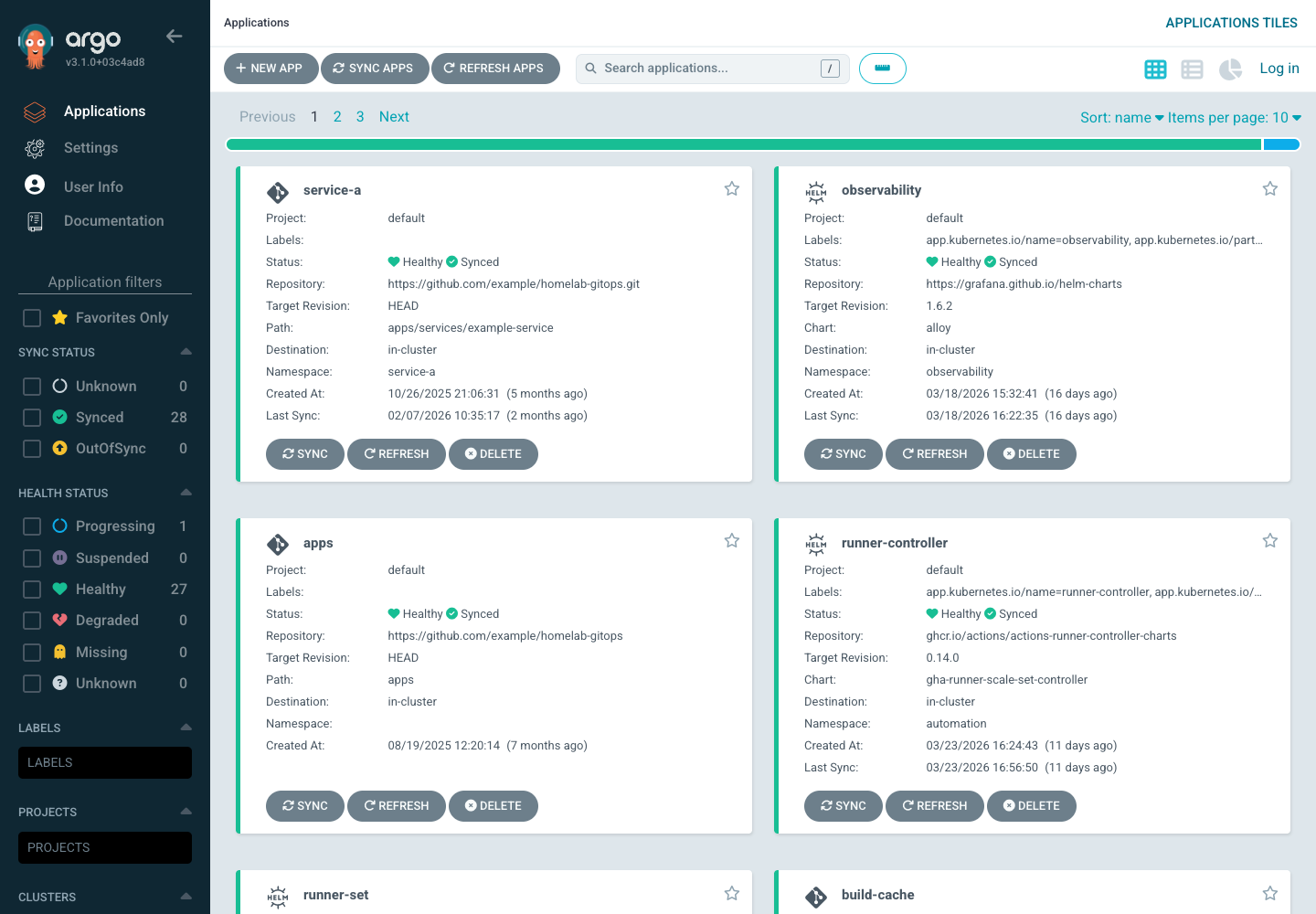 Argo CD applications view showing the platform and service applications reconciling in one place
