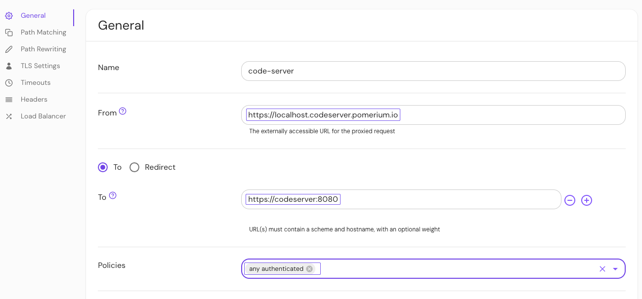 Add an allow any authenticated user authorization policy to the code server route