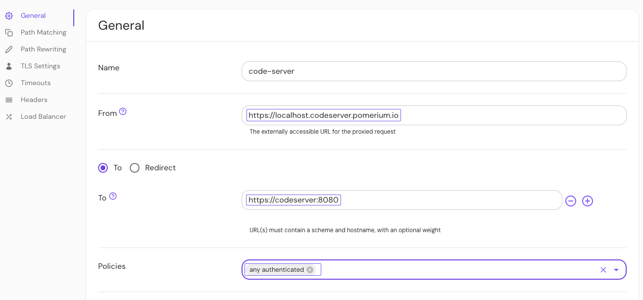Creating the code-server route in the Pomerium Zero Console, showing the From and To addresses and the attached policy