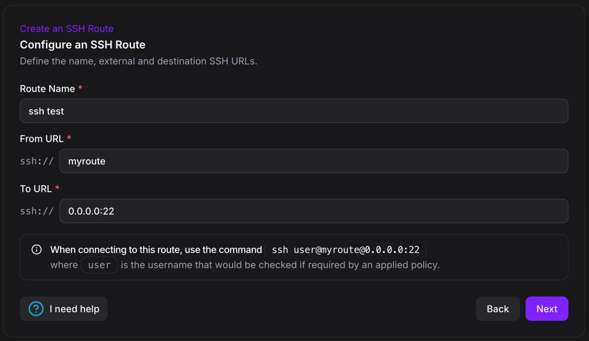 Configuring the From and To addresses for an SSH route