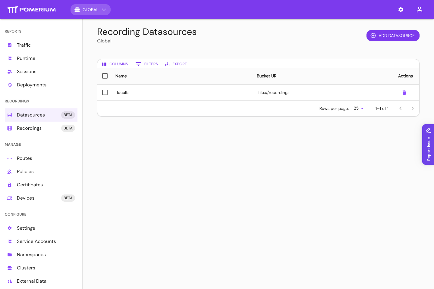 Recording datasource configured in Enterprise Console