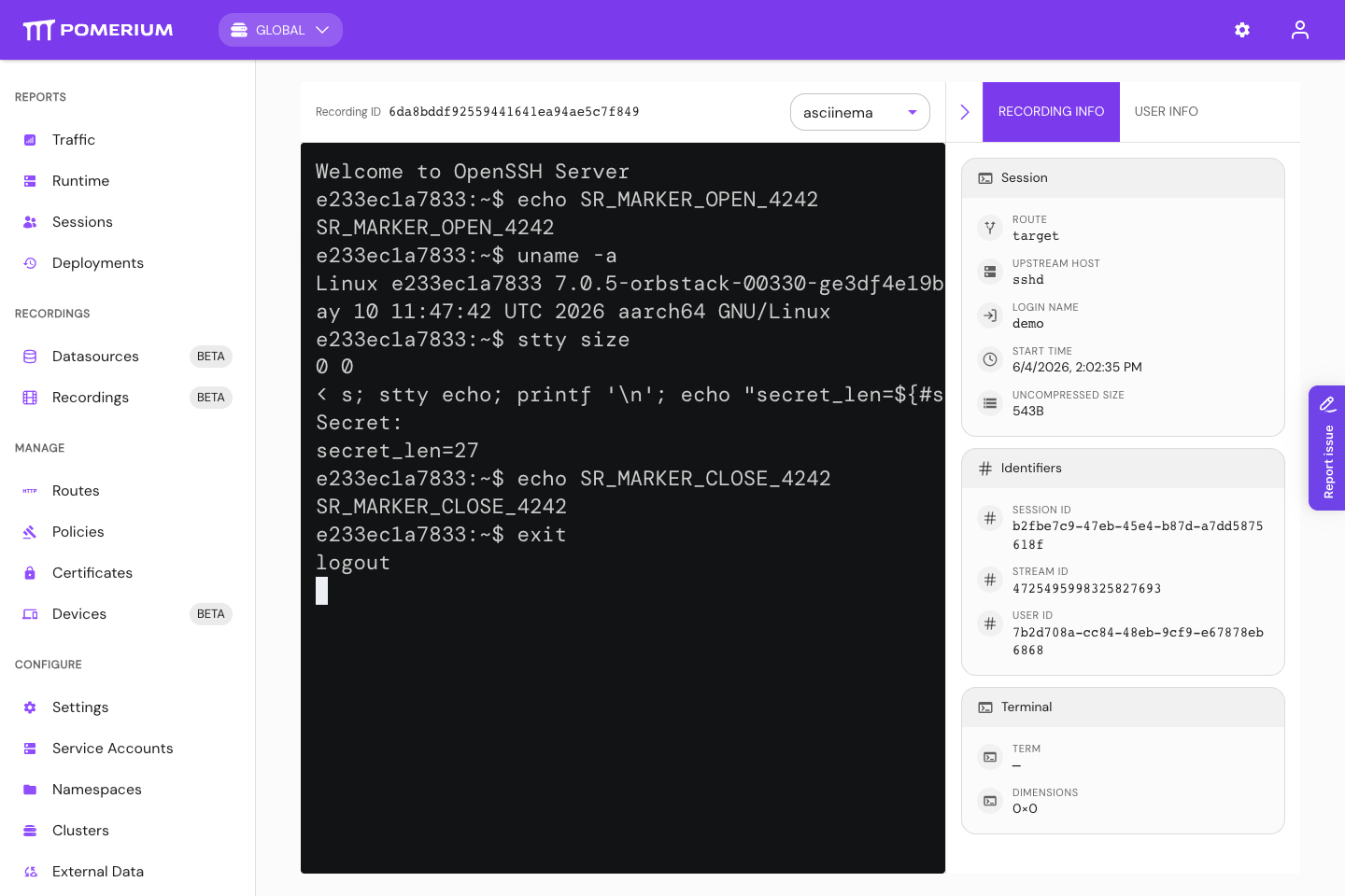 Recorded SSH session replayed in Enterprise Console