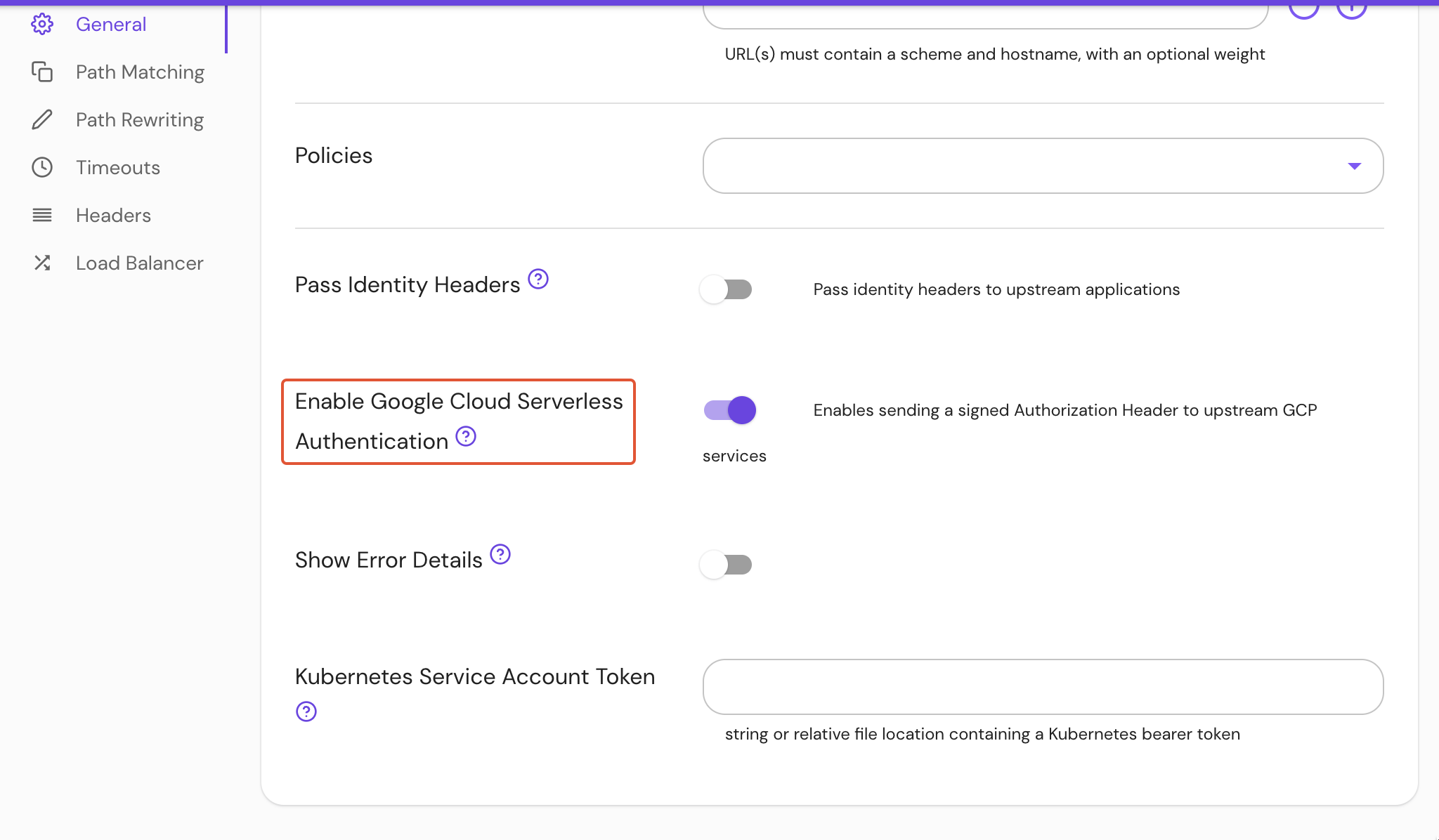 Enable Google Cloud Serverless Authentication under General route settings in the Console
