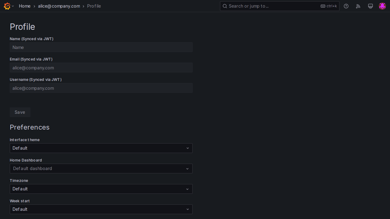 Grafana profile page with Name, Email, and Username marked "Synced via JWT"