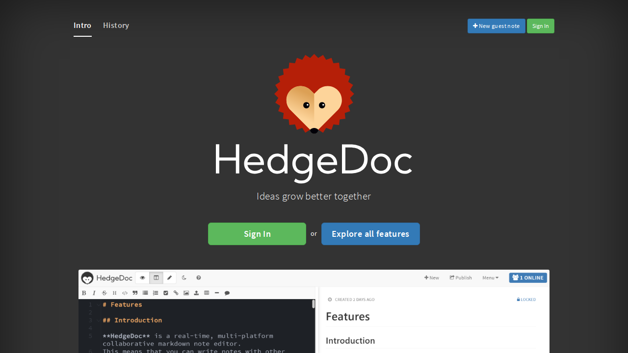 HedgeDoc's home page after signing in through Pomerium