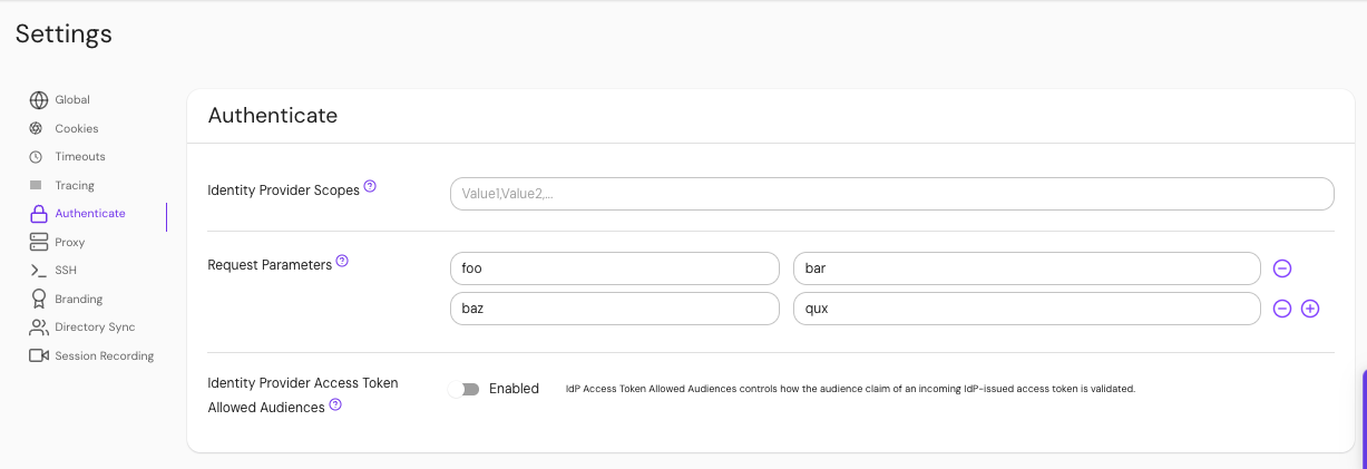 Configure request parameters under authenticate settings in the console