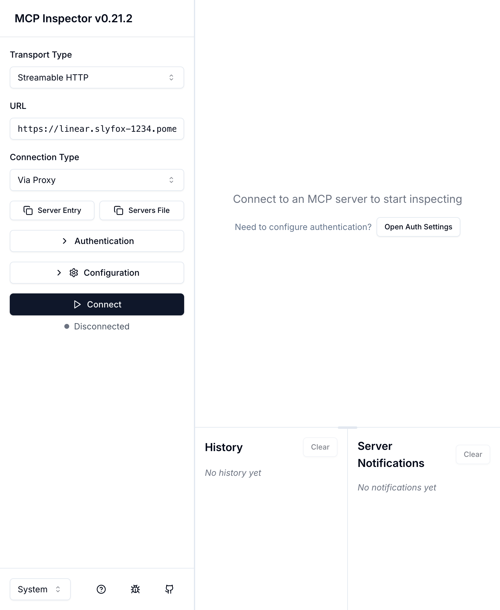 MCP Inspector connection form with Transport Type Streamable HTTP and the route URL, ready to click Connect