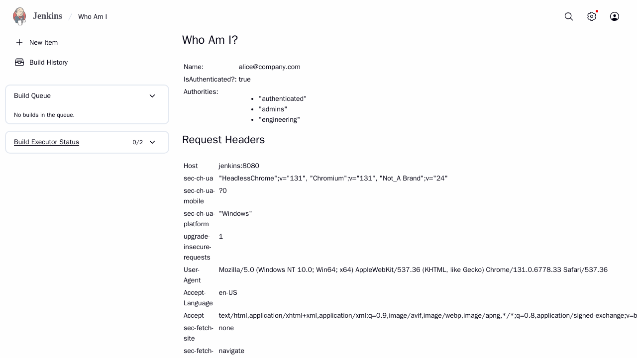 Jenkins Who Am I page showing the signed-in user name, IsAuthenticated true, and the groups from the Pomerium JWT