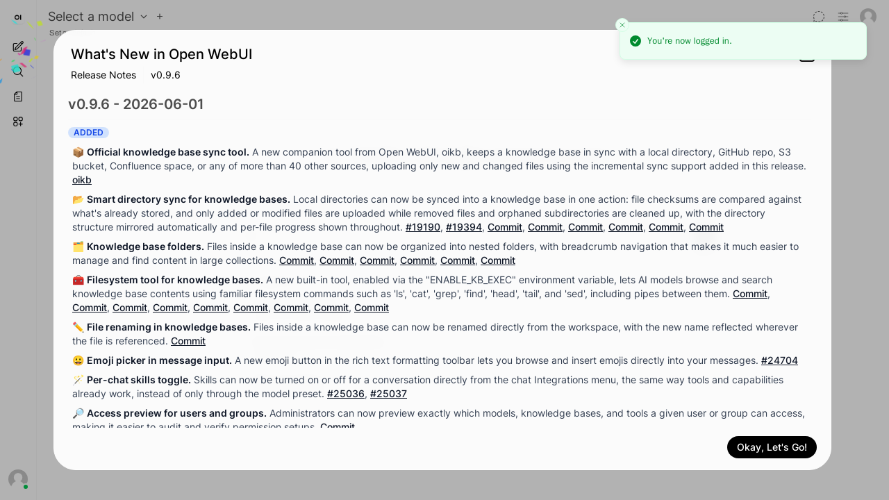 Open WebUI signed in as the SSO user, with no Open WebUI login prompt