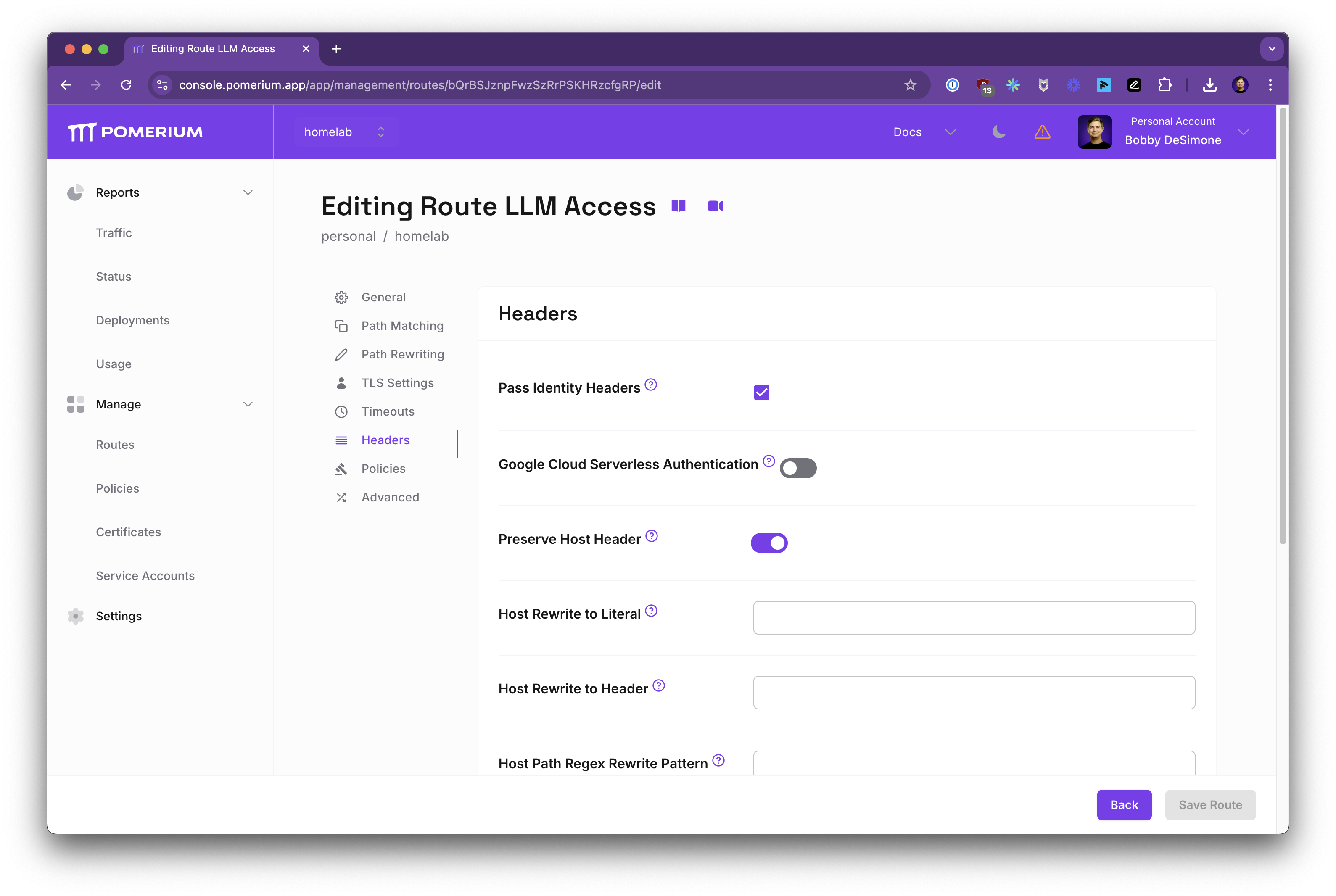 Zero Console route Headers tab with Pass Identity Headers enabled