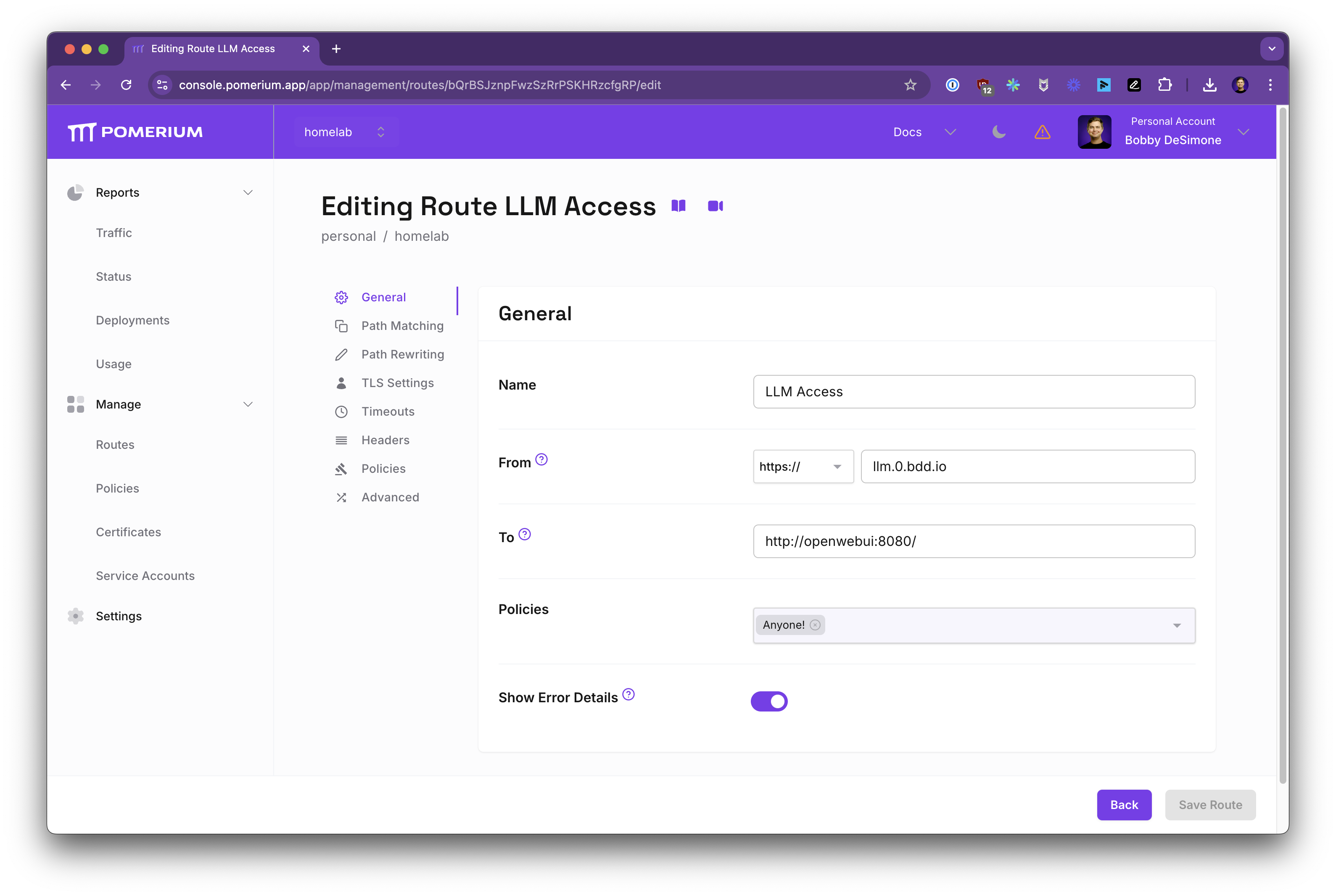 Zero Console route General tab with From, To, and Policy set for the LLM route