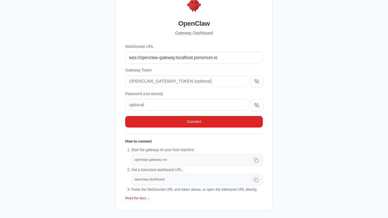 The OpenClaw Gateway Dashboard, with its WebSocket connect form, reached through Pomerium after signing in