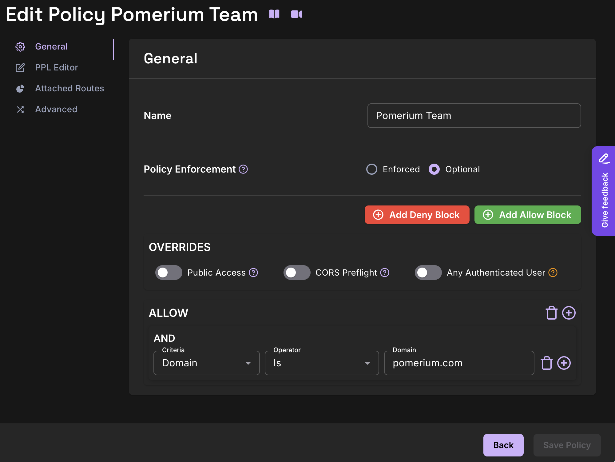 Policy editor General tab for Pomerium Team: a single Allow block with an AND condition matching Domain Is pomerium.com