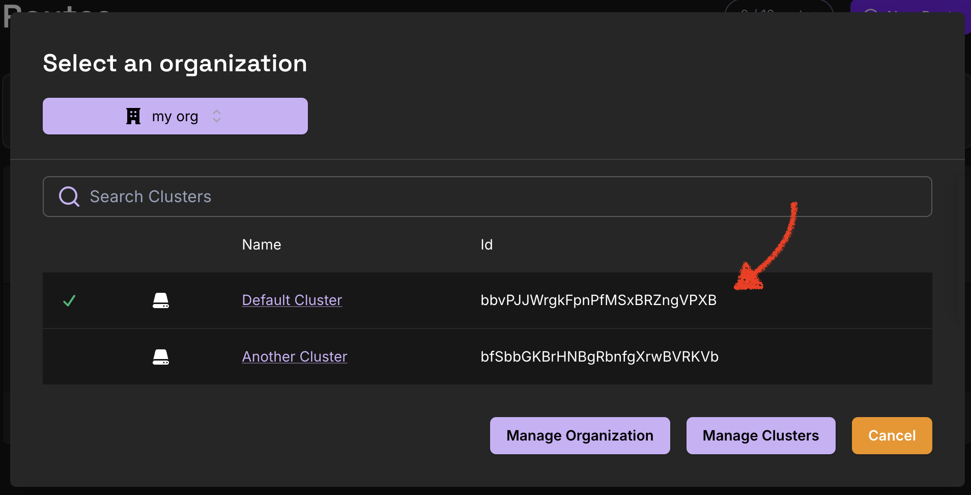Screenshot of the Pomerium Zero console showing the cluster selector dialog. The cluster ID appears after the cluster name.