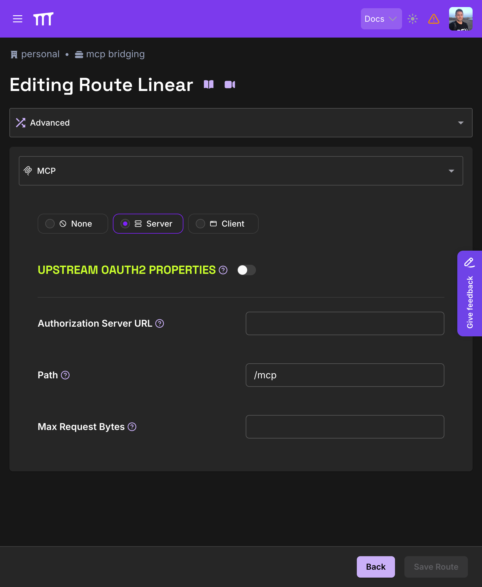 Route editor Advanced tab MCP panel: Server mode selected, Upstream OAuth2 Properties off, and Path set to /mcp