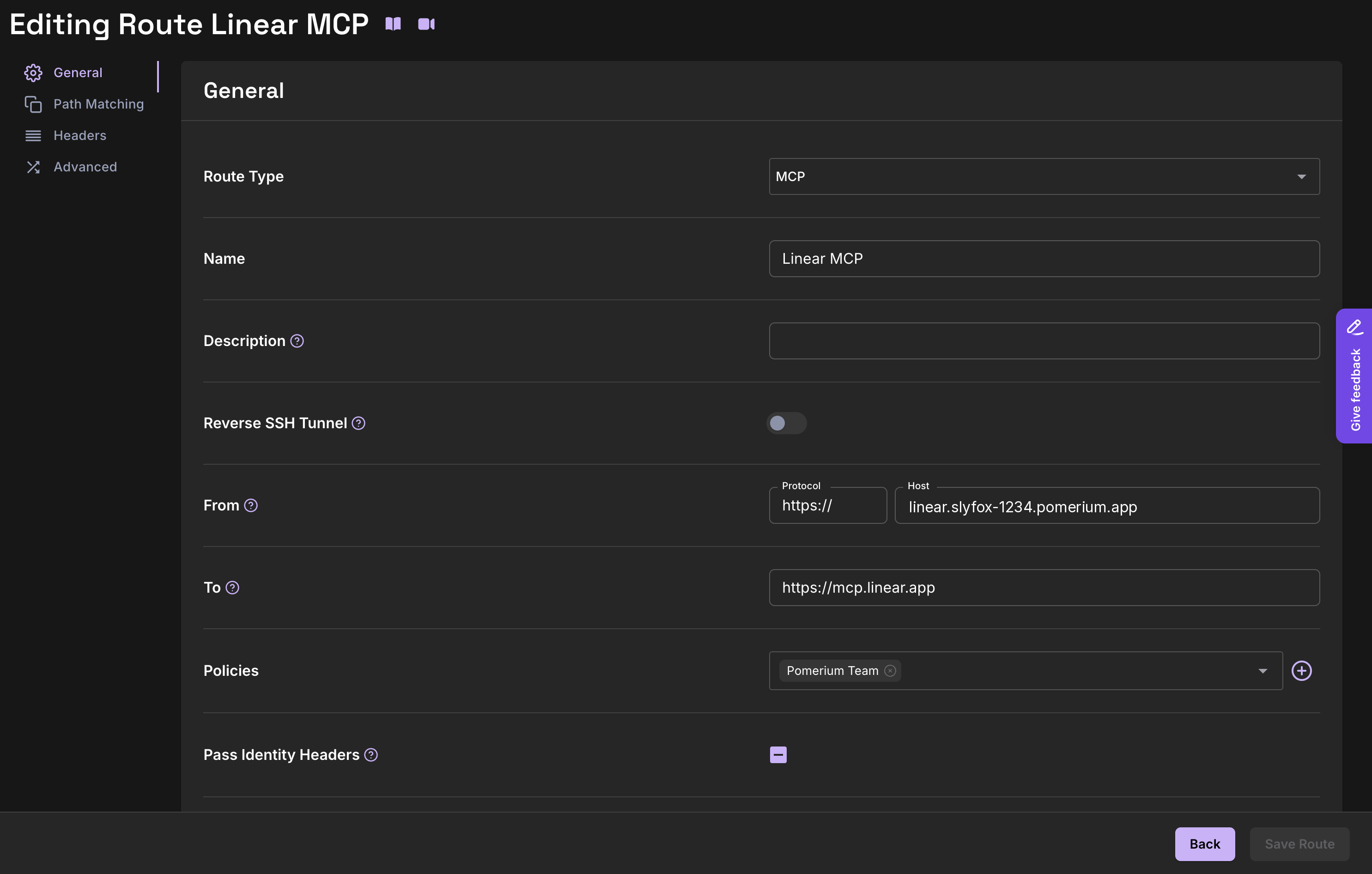 Route editor General tab for the Linear MCP route: Route Type MCP, To mcp.linear.app, with the policy attached
