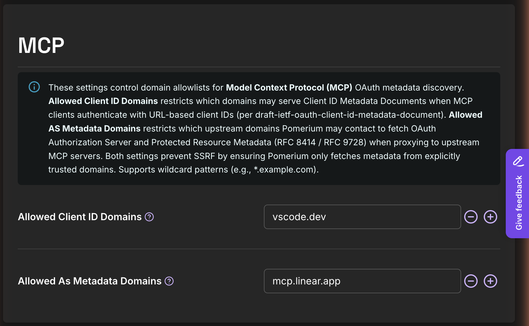 Zero Console Settings MCP section with Allowed Client ID Domains vscode.dev and AS Metadata Domains mcp.linear.app