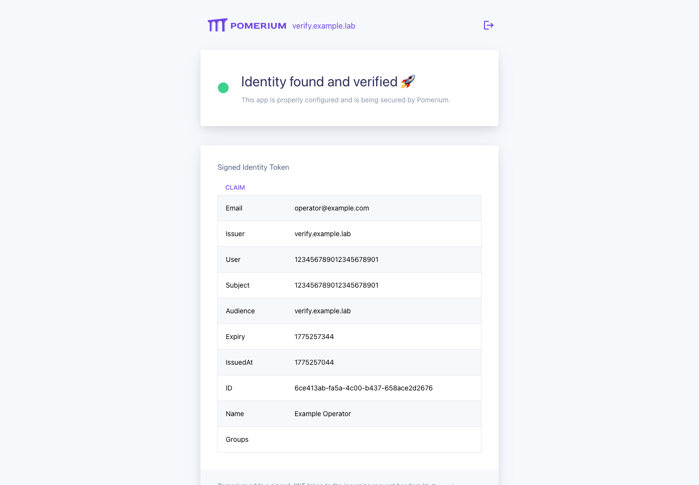 Verify page after authentication through Pomerium, with sanitized identity claims
