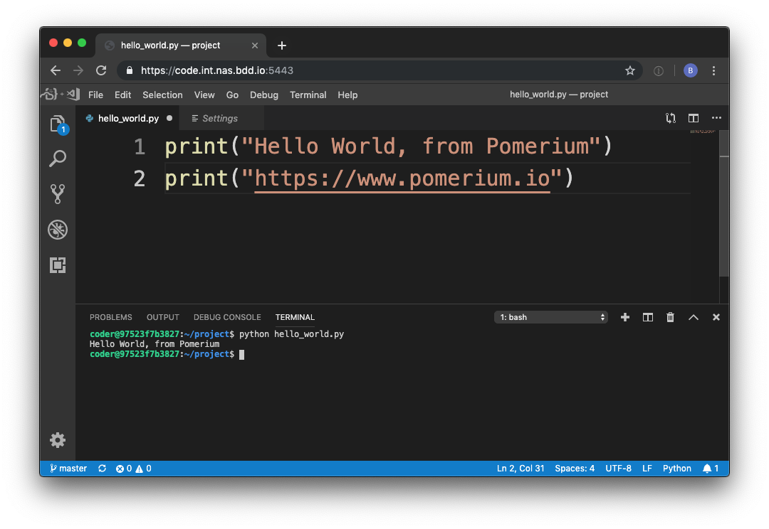 A VSCode project running “Hello World” in the integrated terminal.