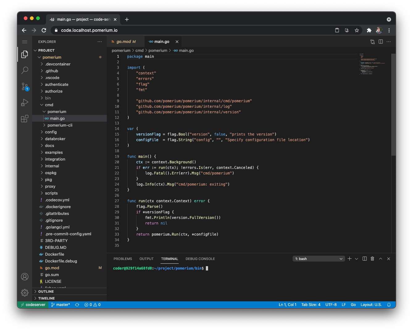 A code-server VSCode project running in the browser behind Pomerium.