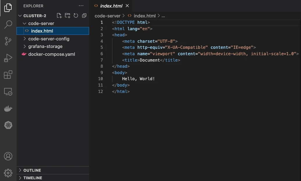 Changes made in the browser are persisted in the local code-server project directory.