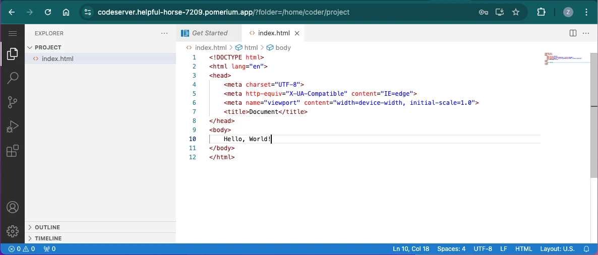 Creating an index.html page in the VS Code instance in the browser.